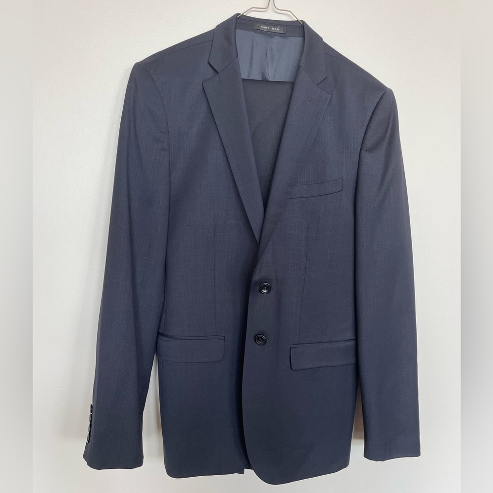 Men’s Slim Fit Suit, Zara Man Wool Stretch Size 36, Dark Navy